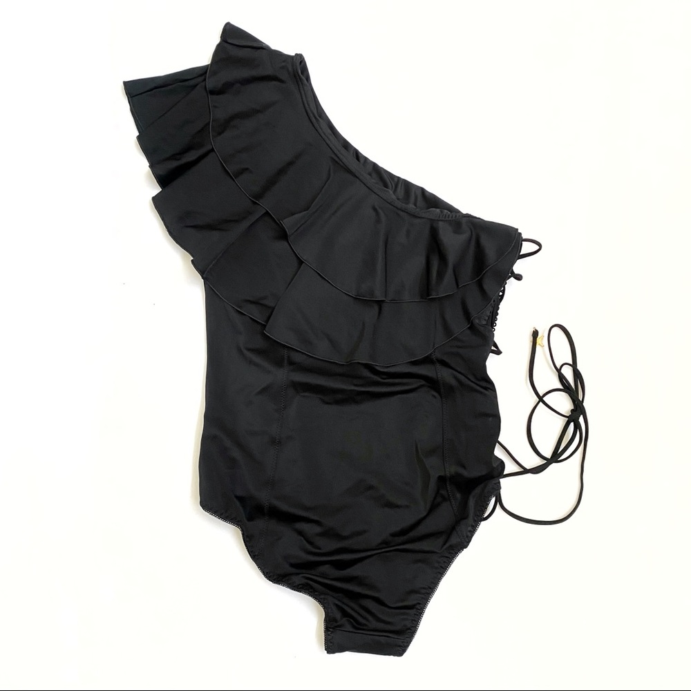 Empress Mimi black ruffle neckline 1 one shoulder lace up side swimsuit bodysuit - Picture 4 of 16